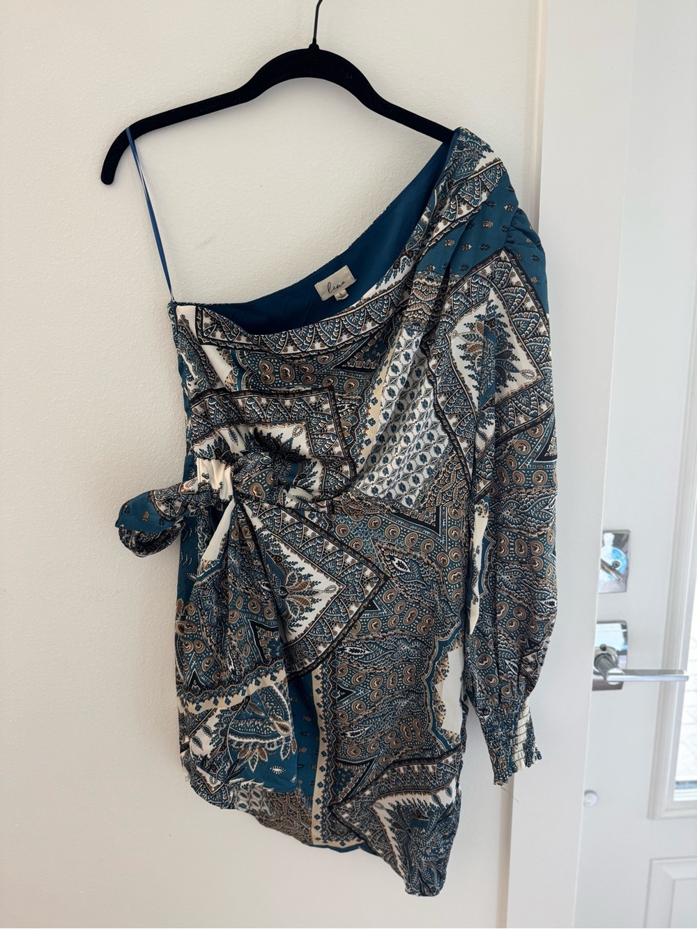 Lena One-Shoulder Teal Paisley Print Women's Top